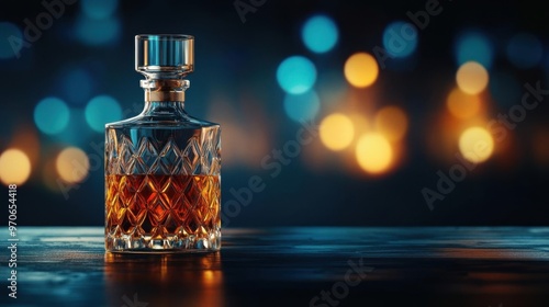 Elegant whiskey decanter with shimmering amber liquid, set against a blurred bokeh background of warm lights.