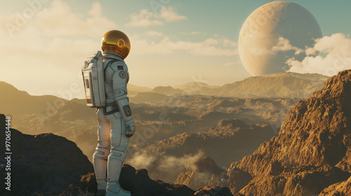 Sci-Fi Astronaut Exploring Alien Planet with Distant Moon photo