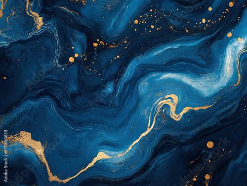 Abstract blue and gold marble texture with a smooth, fluid flow, inspired by galaxies and cosmic elements. Perfect for luxurious and modern designs. Created with AI.