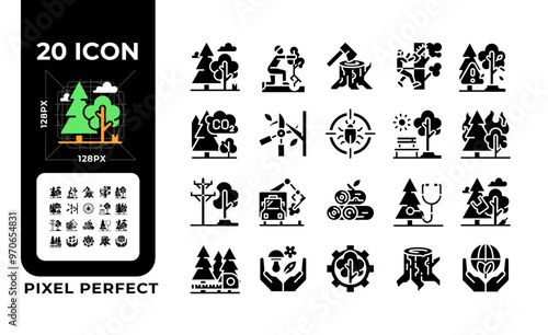 Tree services black glyph icons set on white space. Forestry and logging. Tree care. Forest management. Nature conservation. Silhouette symbols. Solid pictogram pack. Vector isolated illustration