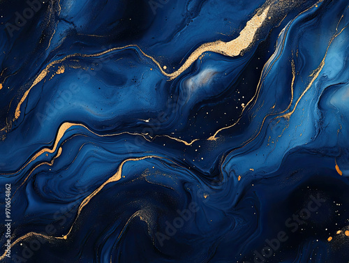 Elegant blue and gold abstract marble texture with swirling patterns, inspired by the cosmos and deep space, ideal for high-end digital designs and backgrounds. Created with AI.