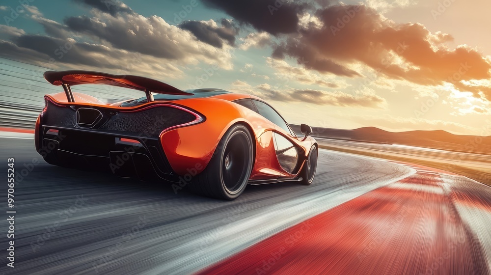 Naklejka premium Fast Supercar in Motion on a Circuit Track, Captured at High Speed