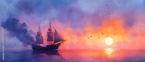 Watercolor Pirate ship, sailing background photo