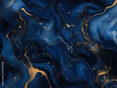 Elegant blue and gold marble abstract inspired by celestial skies, ideal for luxurious designs and digital art. Created with AI.