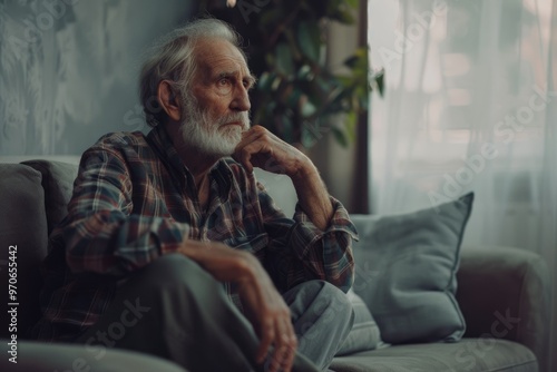 Senior man contemplating Alzheimers disease at home.