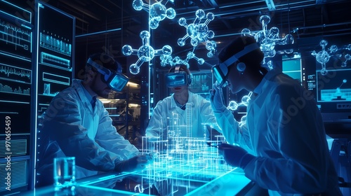 Scientists in VR headsets interacting with digital model.