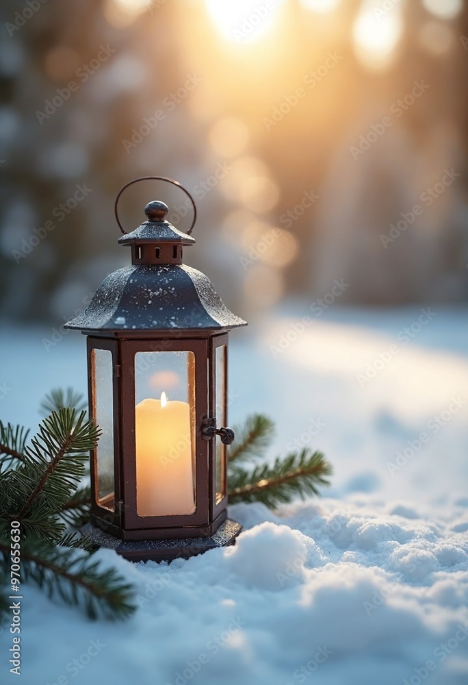 In the sunlight, a Christmas lantern rests on snow with a branch of fir. Winter decoration background, copy space on a side In the sunlight, a Christmas lantern rests on snow with a branch of fir. Winter decoration background, copy space on a side