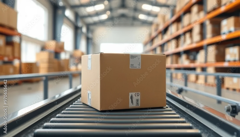 Cardboard Box on Conveyor Belt in a Warehouse Cardboard Box on Conveyor Belt in a Warehouse