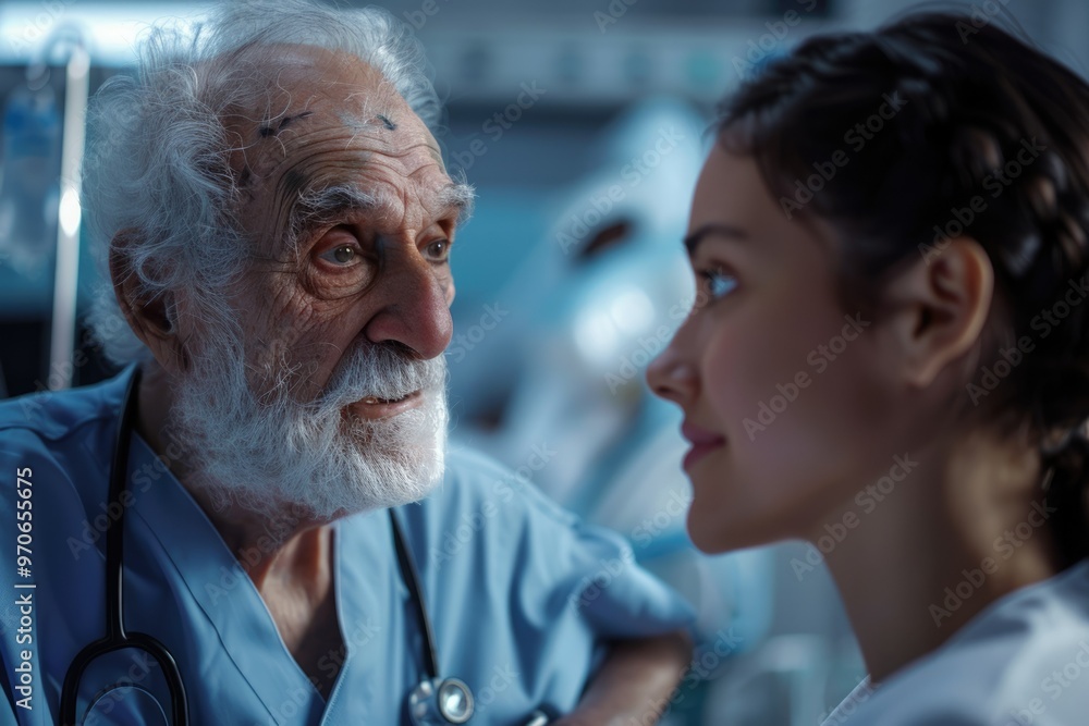 Fototapeta premium Female nurse talking and taking care of senior old man at hospital
