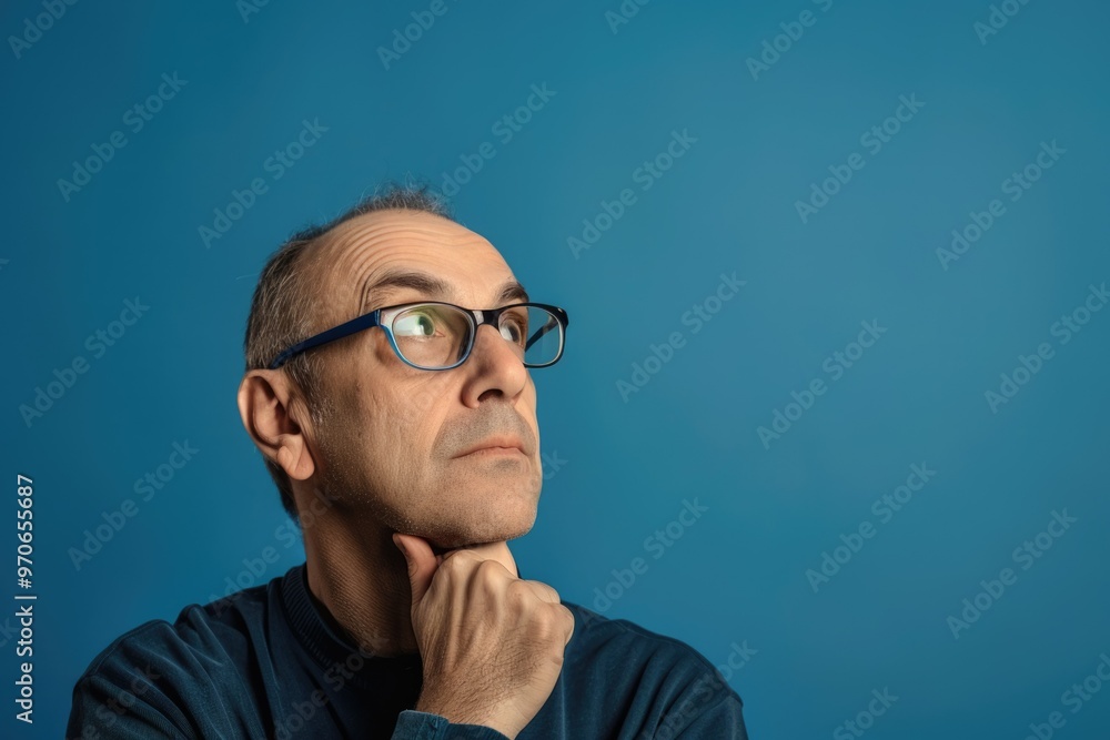 Obraz premium Mature man in glasses pondering decision isolated on blue.