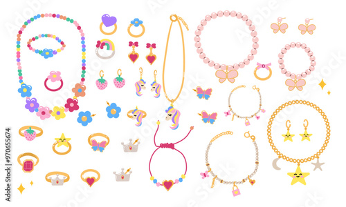 Kids jewelry set. Cartoon drawing of jewelry for children isolated on white background. Fashion, jewelry concept. Vector illustration