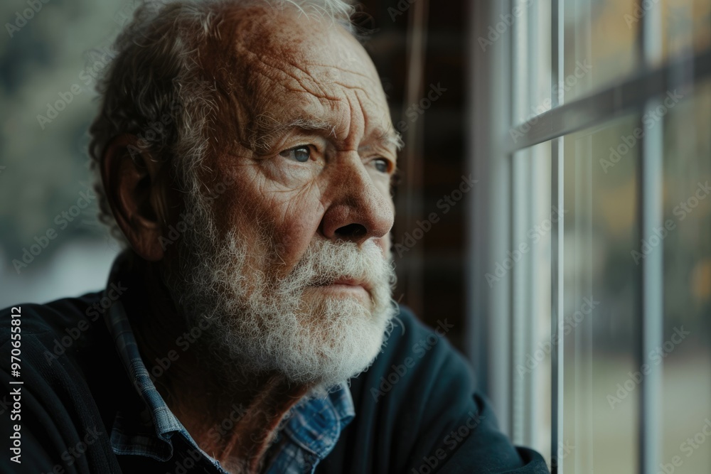 Thoughtful senior man contemplating near window with sorrowful expression. Thoughtful senior man contemplating near window with sorrowful expression.