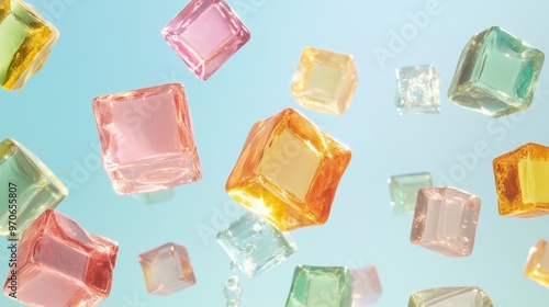 A dynamic scene of colorful glass cubes floating in the air, creating an abstract and playful composition against a soft blue background. The cubes have various colors like pink, orange, yellow photo