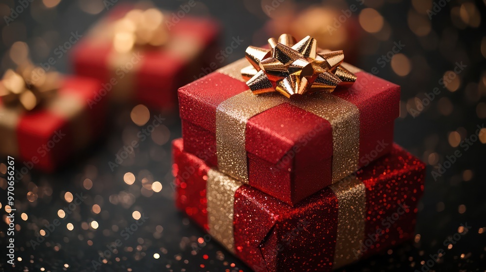 Pile of gift boxes with gold ribbon on dark background and glitter, warm backlight Pile of gift boxes with gold ribbon on dark background and glitter, warm backlight