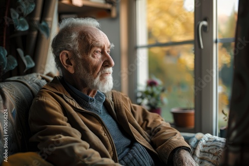 Pensive elderly mature senior man sitting on sofa at home looking away.