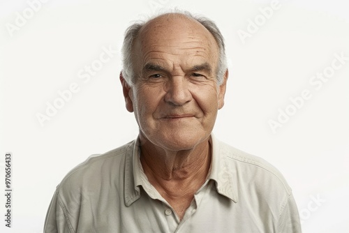 Happy mature man isolated on white background portrait.