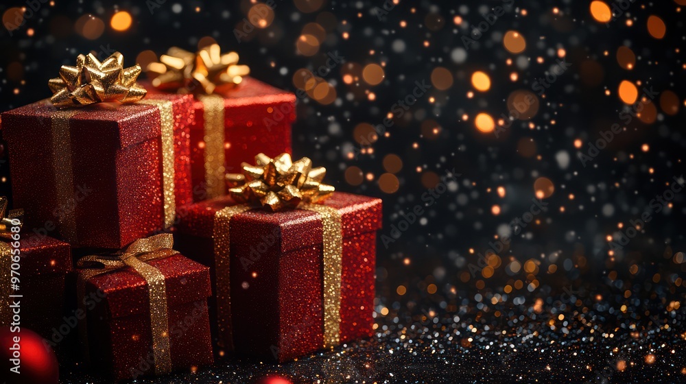 Pile of gift boxes with gold ribbon on dark background and glitter, warm backlight Pile of gift boxes with gold ribbon on dark background and glitter, warm backlight