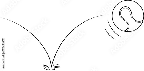 Doodle sport tennis ball trajectory bounce. Line hand drawn ball