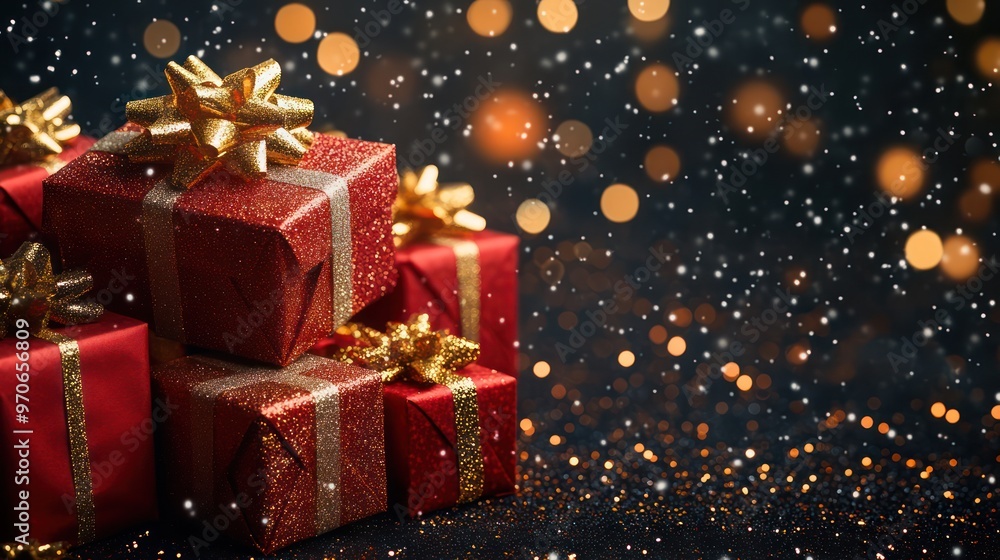 Pile of gift boxes with gold ribbon on dark background and glitter, warm backlight Pile of gift boxes with gold ribbon on dark background and glitter, warm backlight