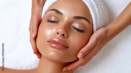 Radiant Woman Receiving Relaxing Facial Massage on White Background