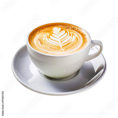 a cup of cappuccino with a white cappuccino on a saucer.