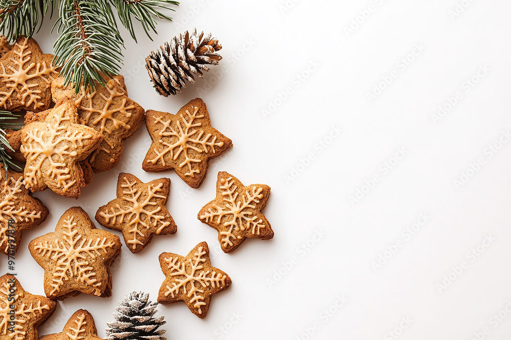 Christmas ginger-snaps on white background with copy space, flat lay composition Christmas ginger-snaps on white background with copy space, flat lay composition
