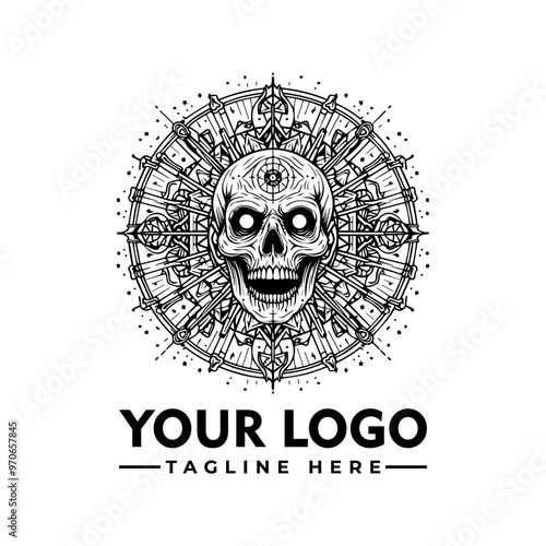 skull mandala vector logo design. The central skull motif is symmetrical, with thick, bold outlines and minimal details. The design is clean and easy to color