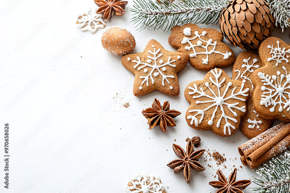 Christmas ginger-snaps on white background with copy space, flat lay composition Christmas ginger-snaps on white background with copy space, flat lay composition