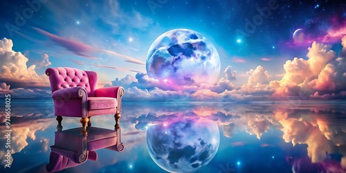 a dreamy landscape featuring a pink armchair amides photo