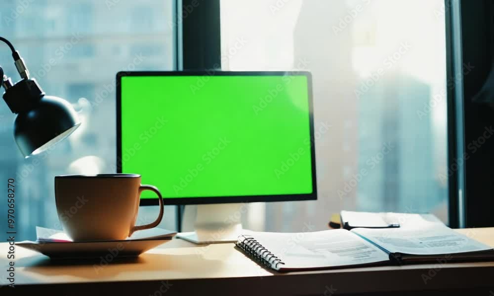 cup of coffee and laptop with green screen cup of coffee and laptop with green screen