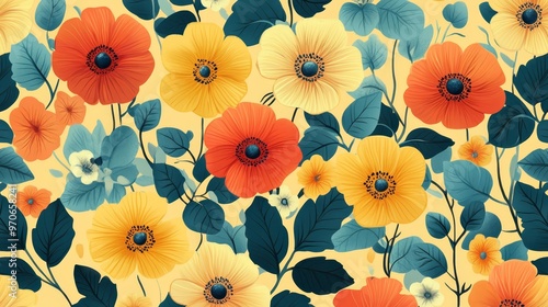 Yellow and Red Floral Pattern with Blue Leaves on Cream Background