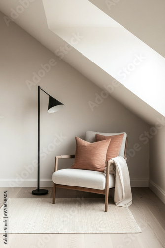 Quiet reading room corner with an elegant chair, a lamp and ample copyspace, Residential interior design composition photo