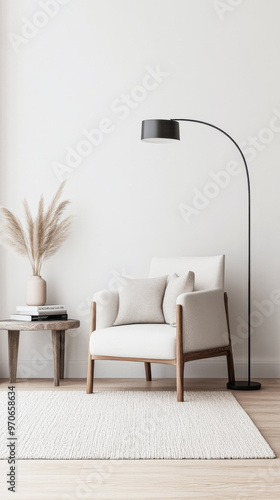 Quiet reading room corner with an elegant chair, a lamp and ample copyspace, Residential interior design composition
