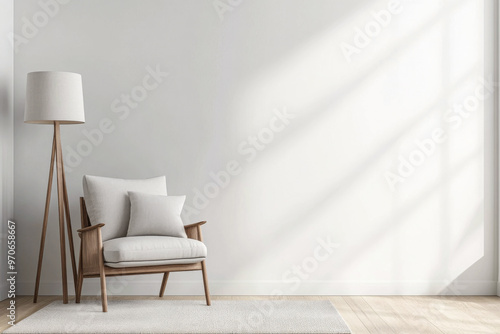 Quiet reading room corner with an elegant chair, a lamp and ample copyspace, Residential interior design composition