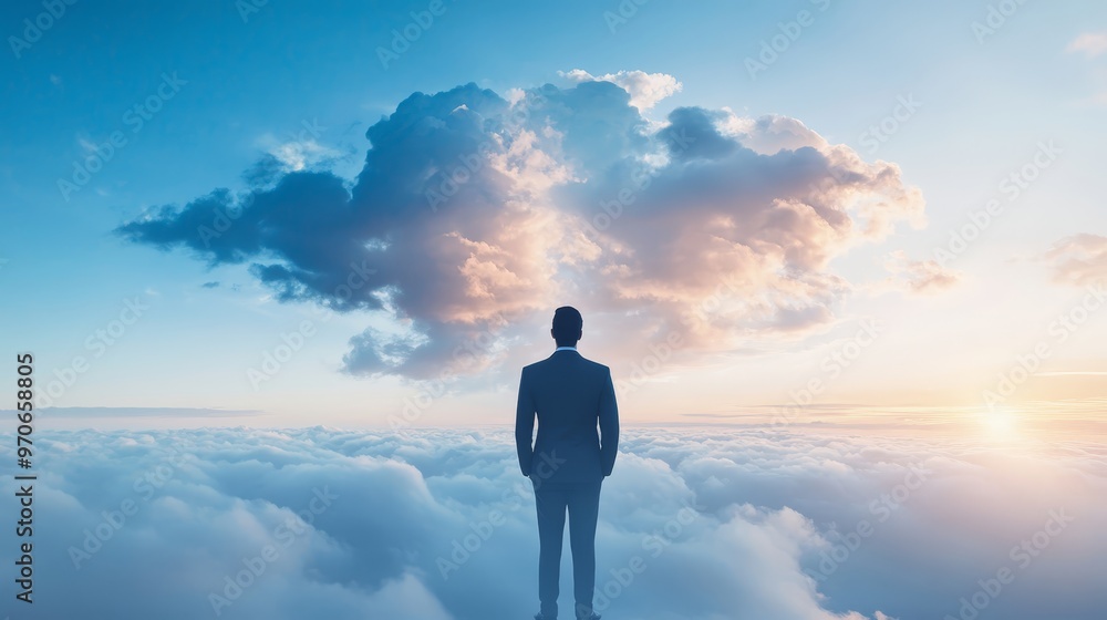 Businessman Standing Above Clouds Success Vision Future Goals Businessman Standing Above Clouds Success Vision Future Goals