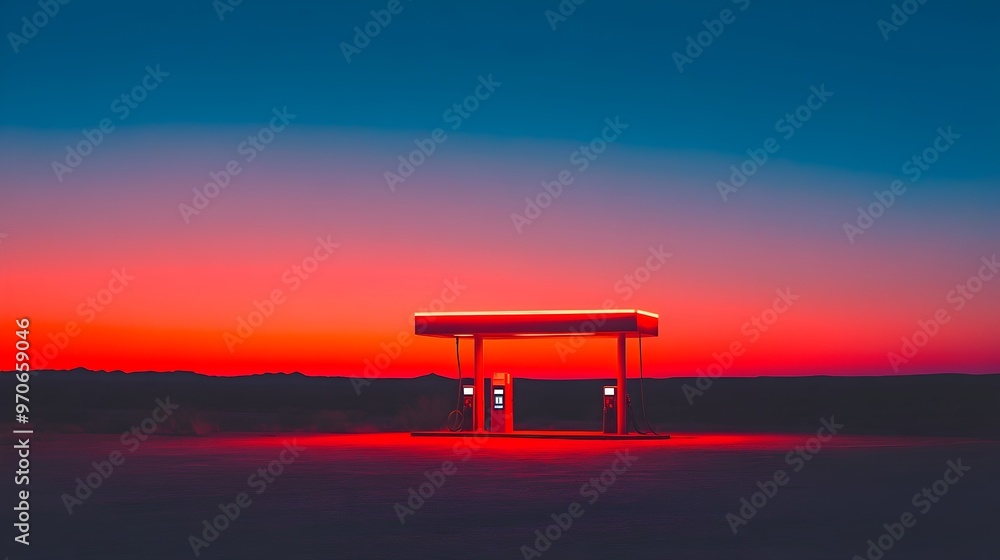 Lone Gas Station Silhouette in Expansive Desert Landscape at Sunset Lone Gas Station Silhouette in Expansive Desert Landscape at Sunset