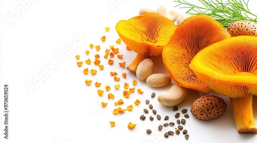 Vibrant Chanterelle Mushrooms with Seeds and Nuts in Oil Painting Style on White Background