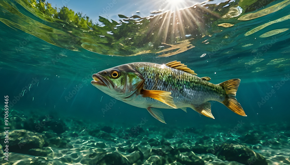 underwater shot of fish biting lure, clear green water, dynamic angle, fishing scene, fisherman in background, bright sunny day underwater shot of fish biting lure, clear green water, dynamic angle, fishing scene, fisherman in background, bright sunny day