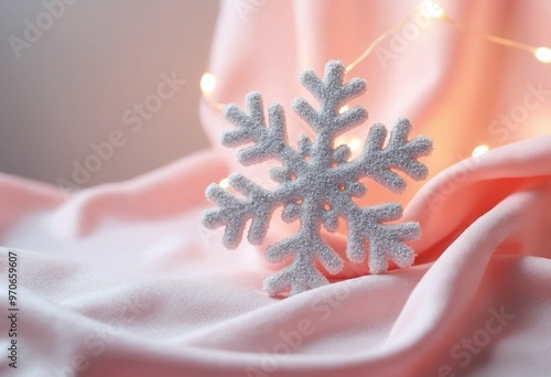 A shiny snowy decoration on a silk background, copy space on a side photo