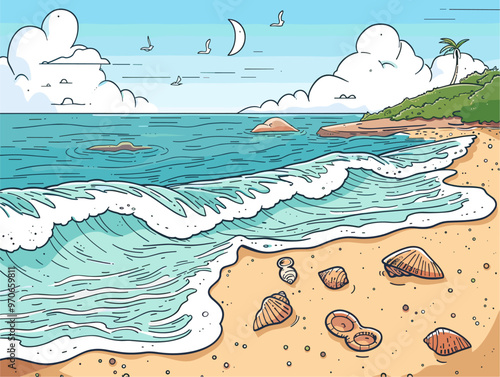 Beachy Escapism: A Tranquil Seaside Retreat Depicted in a Minimalist Cartoon Illustration