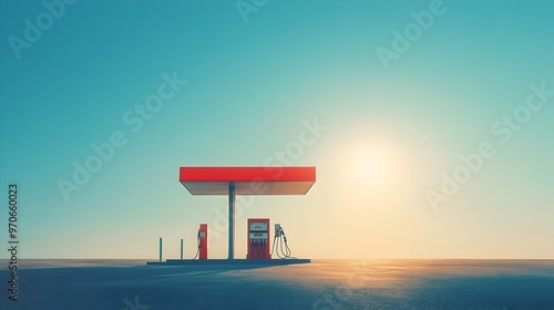 Minimalist Gas Station Silhouette with Dramatic Sunlight Casting Long Shadows Across the Landscape