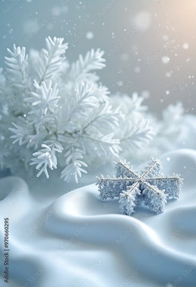 A shiny snowy decoration on a silk background, copy space on a side A shiny snowy decoration on a silk background, copy space on a side