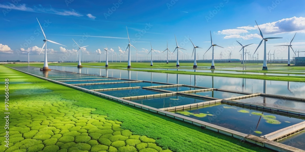 Obraz premium Algae farm producing bio fuel with wind turbines in the background, algae, farm, bio fuel, sustainable energy
