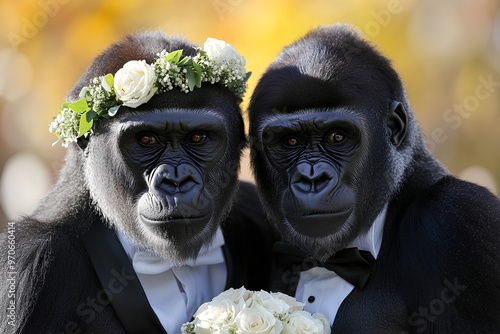 Two gorillas dressed in formal attire with floral accessories, posing together.