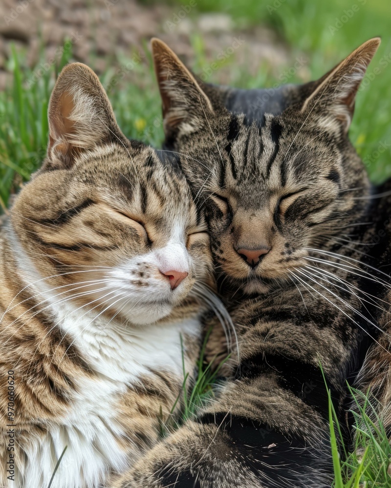 Two cats cuddling in the grass. AI. Two cats cuddling in the grass. AI.