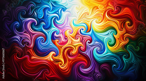 A colorful abstract digital painting with swirling patterns in a vibrant spectrum of colors. Psychedelic rainbow flames background