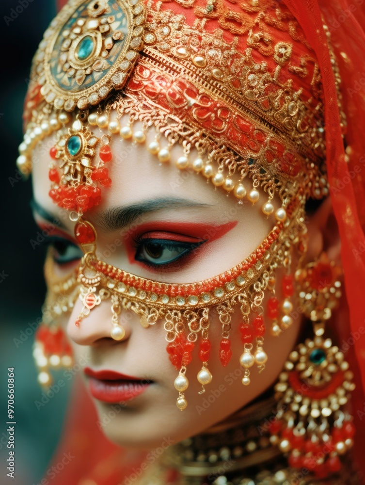 Fototapeta premium A woman adorned in traditional Indian jewelry. AI.