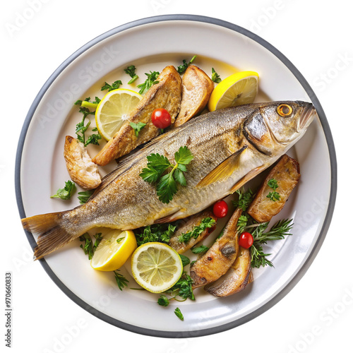 A dish of fish hard bread top view isolated on transparent background.