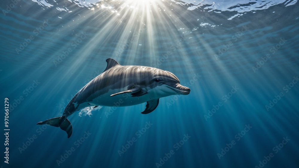 Fototapeta premium Playful dolphin swimming under sunlight beams in clear ocean water