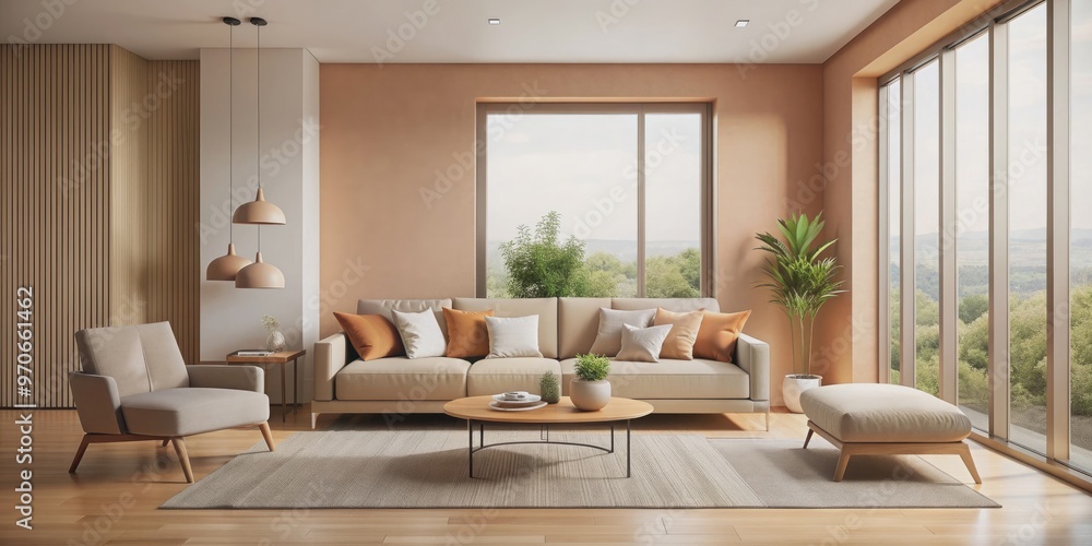 Minimal modern living room with peach accents, soft furniture, panoramic window, and beautiful natural light Minimal modern living room with peach accents, soft furniture, panoramic window, and beautiful natural light